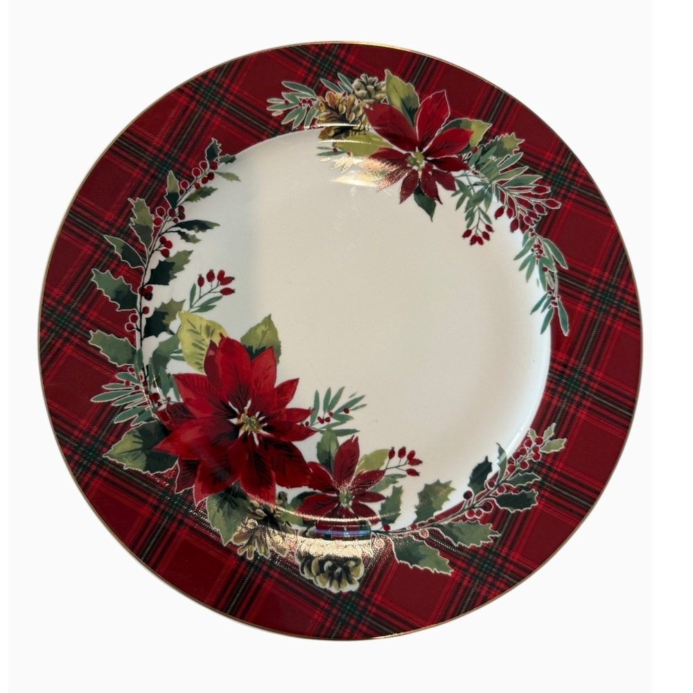Grace Teaware Christmas Plaid Poinsettia Pine Cone Dinner Plates Set of 7